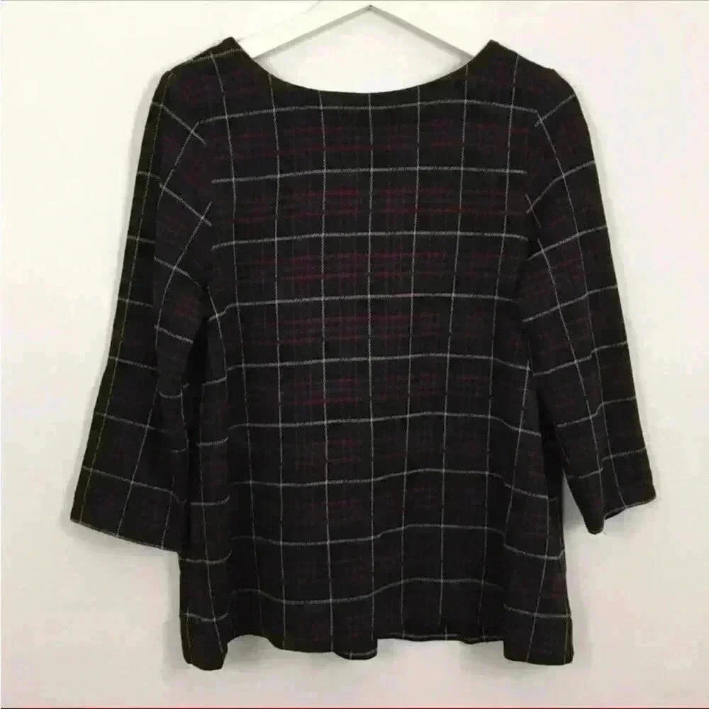 J Jill Women’s Ponte Bordeaux Plaid Pleated Button Back Top Size M